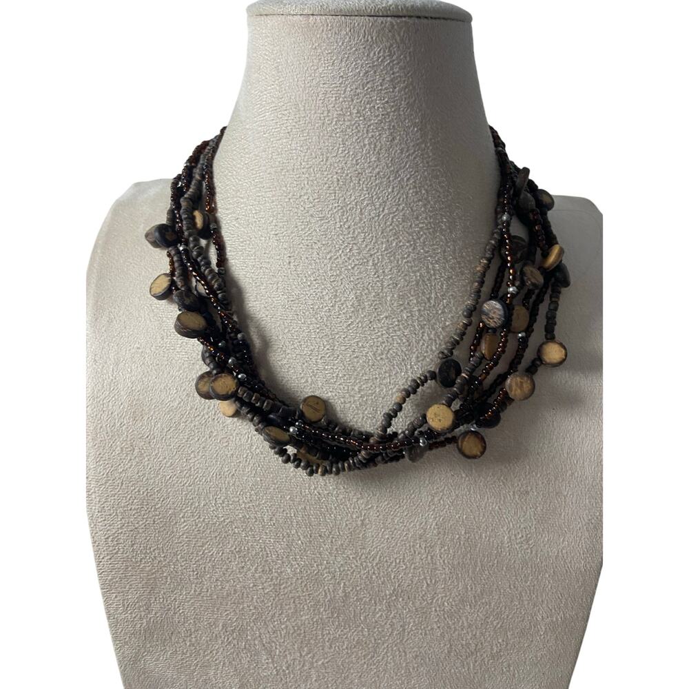 Vintage Brown Layered Wood Bead Necklace Repaired Clasp